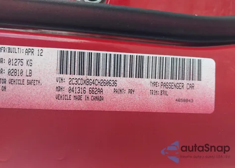 2012 Dodge Charger Se from USA, damaged, VIN 2C3CDXBG4CH260636